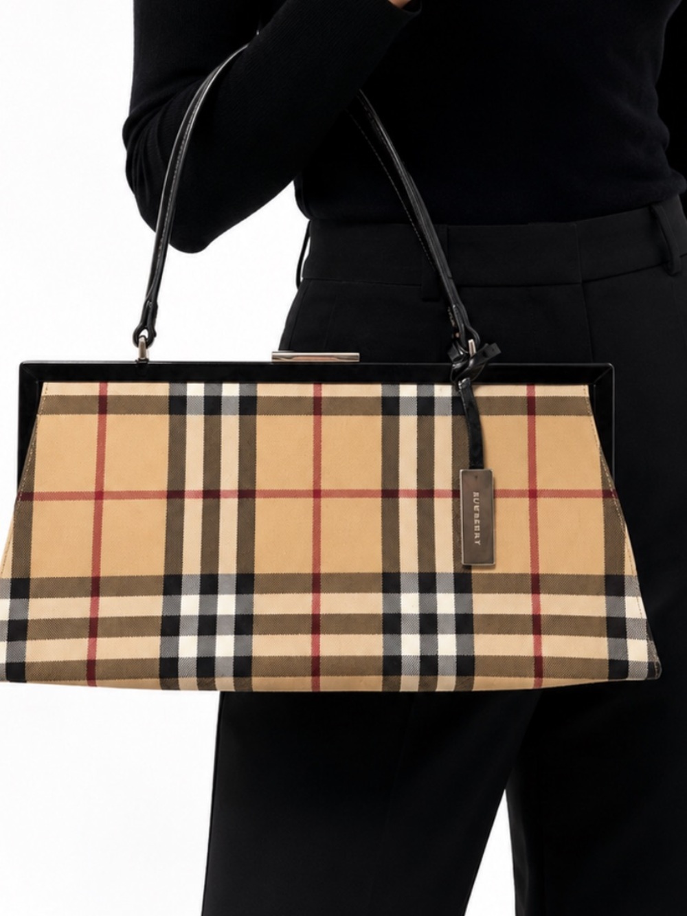 Burberry Nova Check Beige Plaid Black Leather Trim Shoulder Bag Vintage